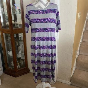 3XL Lularoe Julia form fitting dress-grey w blue, purple floral stripes